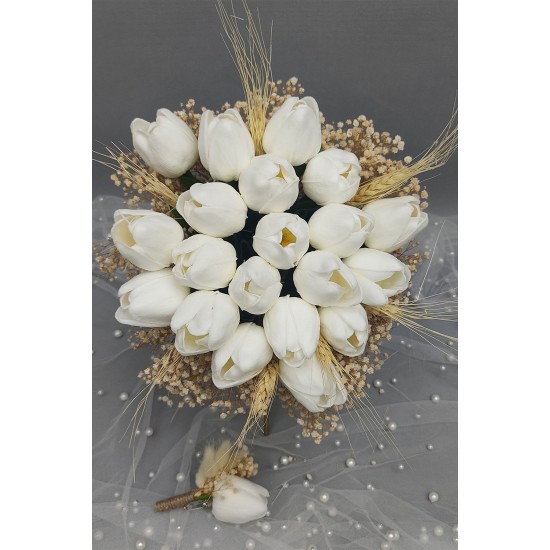Beyaz Yapay Lale Gelin El Çiçeği Ve Damat Yaka Çiçeği 20 Adet Lale-BUKET-28