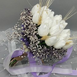 Beyaz Yapay Lale Mor Cipsolu Gelin El Buketi Ve Yaka Çiçeği-BUKET-29