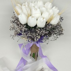 Beyaz Yapay Lale Mor Cipsolu Gelin El Buketi Ve Yaka Çiçeği-BUKET-29