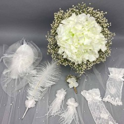 Kırık Beyaz Ortancalı Gelin Buketi Ve Gelin Seti-BUKET-3