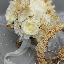 Krem Gül Ve Şakayıklı Gelin El Çiçeği Ve Taç Seti-BUKET-30