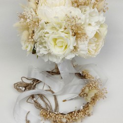 Krem Gül Ve Şakayıklı Gelin El Çiçeği Ve Taç Seti-BUKET-30