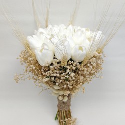 Beyaz Laleli Gelin Buketi Ve Damat Yaka Çiçeği 20 Adet Lale-BUKET-31