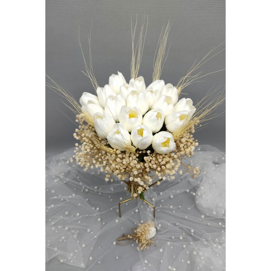 Beyaz Laleli Gelin Buketi Ve Damat Yaka Çiçeği 20 Adet Lale-BUKET-31