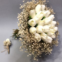 Krem Cipsolu Beyaz Islak Lale Ve Damat Yaka Çiçeği-BUKET-32