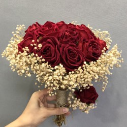 Kırmızı Kadife Güllü Gelin El Çiçeği Ve Takı Kurdele Seti-BUKET-36