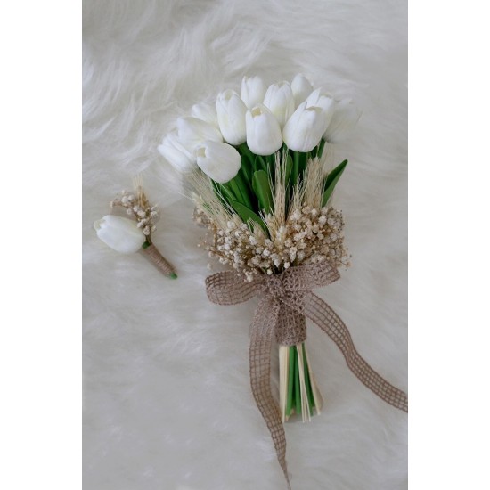 19 Beyaz Islak Laleli Gelin Çiçeği Ve Damat Yaka Çiçeği-BUKET-39