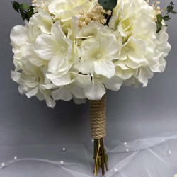 Beyaz Ortancalı Okaliptuslu Gelin El Buketi Ve Damat Yaka Çiçeği-BUKET-44