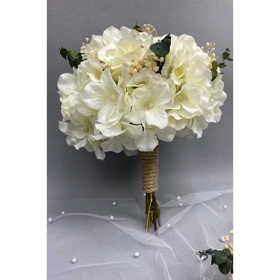 Beyaz Ortancalı Okaliptuslu Gelin El Buketi Ve Damat Yaka Çiçeği-BUKET-44