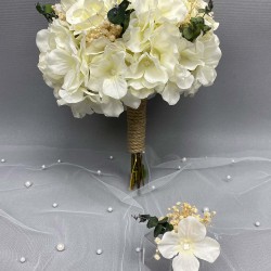 Beyaz Ortancalı Okaliptuslu Gelin El Buketi Ve Damat Yaka Çiçeği-BUKET-44