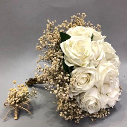 Beyaz Kadife Gül Ve Cipsolu Gelin El Buketi-BUKET-47