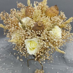 Cipsolu Krem Gül Gelin Buketi Ve Damat Yaka Çiçeği-BUKET-49