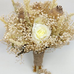 Cipsolu Krem Gül Gelin Buketi Ve Damat Yaka Çiçeği-BUKET-49