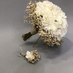 Beyaz Ortancalı Krem Cipsolu Gelin El Buketi Ve Damat Yaka Çiçeği-BUKET-50