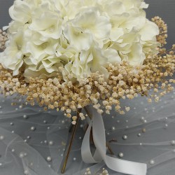 Beyaz Ortancalı Cipsolu Gelin El Buketi Ve Damat Yaka Çiçeği-BUKET-54