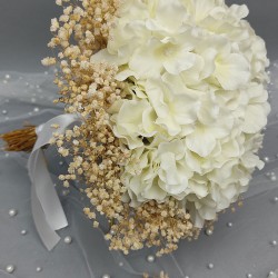 Beyaz Ortancalı Cipsolu Gelin El Buketi Ve Damat Yaka Çiçeği-BUKET-54