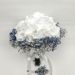 Mavi Cipsolu Beyaz Ortancalı El Çiçeği Ve Damat Yaka Çiçeği-BUKET-56
