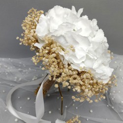 Krem Cipsolu Beyaz Ortancalı El Çiçeği Ve Damat Yaka Çiçeği-BUKET-57