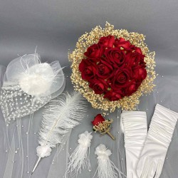 Kırmızı Kadife Güllü Gelin Buketi Ve Gelin Seti-BUKET-6