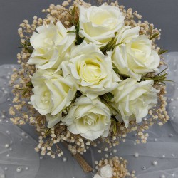 Krem Cipsolu Gül Çiçeği Gelin El Buketi Ve Damat Yaka Çiçeği-BUKET-60