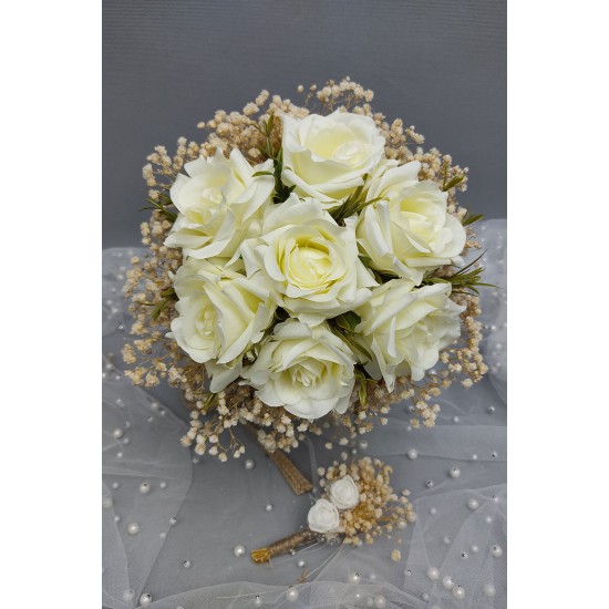 Krem Cipsolu Gül Çiçeği Gelin El Buketi Ve Damat Yaka Çiçeği-BUKET-60