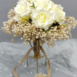 Krem Cipsolu Gül Çiçeği Gelin El Buketi Ve Damat Yaka Çiçeği-BUKET-60