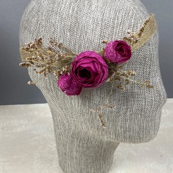 Koyu Fuşya Şakayık Çiçekli Otlu Gelin El Çiçeği Tacı Ve Yaka Çiçeği Seti-BUKET-61