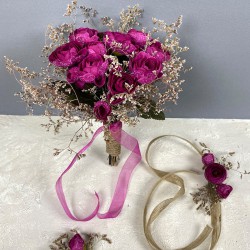 Koyu Fuşya Şakayık Çiçekli Otlu Gelin El Çiçeği Tacı Ve Yaka Çiçeği Seti-BUKET-61