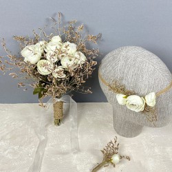 Krem Şakayık Çiçekli Otlu Gelin El Çiçeği Tacı Ve Yaka Çiçeği Seti-BUKET-62