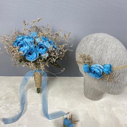 Mavi Şakayık Çiçekli Otlu Gelin El Çiçeği Tacı Ve Yaka Çiçeği Seti-BUKET-63