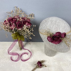 Bordo Şakayık Çiçekli Otlu Gelin El Çiçeği Tacı Ve Yaka Çiçeği Seti-BUKET-64