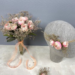 Somon Şakayık Çiçekli Otlu Gelin El Çiçeği Tacı Ve Yaka Çiçeği Seti-BUKET-65