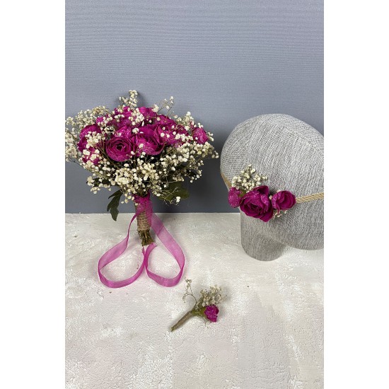Koyu Fuşya Şakayık Çiçekli Cipsolu Gelin El Çiçeği Tacı Ve Yaka Çiçeği Seti-BUKET-67