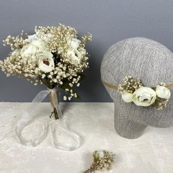 Krem Şakayık Çiçekli Cipsolu Gelin El Çiçeği Tacı Ve Yaka Çiçeği Seti-BUKET-68