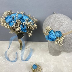 Mavi Şakayık Çiçekli Cipsolu Gelin El Çiçeği Tacı Ve Yaka Çiçeği Seti-BUKET-69