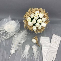 Krem Cipsolu Islak Laleli Gelin Buketi Ve Gelin Seti-BUKET-7