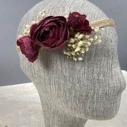 Bordo Şakayık Çiçekli Cipsolu Gelin El Çiçeği Tacı Ve Yaka Çiçeği Seti-BUKET-70