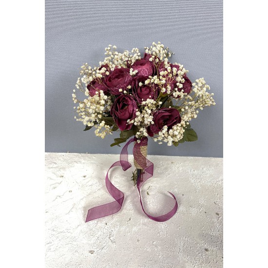 Bordo Şakayık Çiçekli Cipsolu Gelin El Çiçeği Tacı Ve Yaka Çiçeği Seti-BUKET-70