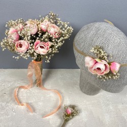 Somon Şakayık Çiçekli Cipsolu Gelin El Çiçeği Tacı Ve Yaka Çiçeği Seti-BUKET-71