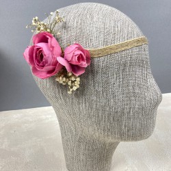 Pembe Şakayık Çiçekli Cipsolu Gelin El Çiçeği Tacı Ve Yaka Çiçeği Seti-BUKET-72