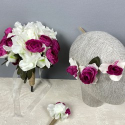 Koyu Fuşya Ortanca Şakayıklı Gelin El Çiçeği Tacı Ve Yaka Çiçeği Seti-BUKET-73