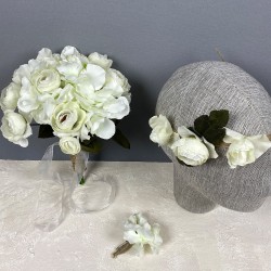 Krem Ortanca Şakayıklı Gelin El Çiçeği Tacı Ve Yaka Çiçeği Seti-BUKET-74