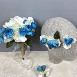 Mavi Ortanca Şakayıklı Gelin El Çiçeği Tacı Ve Yaka Çiçeği Seti-BUKET-75