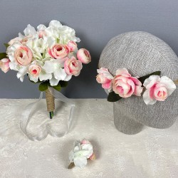 Somon Ortanca Şakayıklı Gelin El Çiçeği Tacı Ve Yaka Çiçeği Seti-BUKET-77