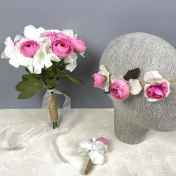 Pembe Ortanca Şakayıklı Gelin El Çiçeği Tacı Ve Yaka Çiçeği Seti-BUKET-78