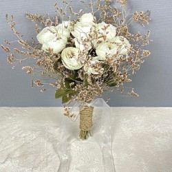 Krem Şakayık Çiçekli Deniz Otlu Gelin Buketi Ve Damat Yaka Çiçeği-BUKET-80