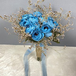 Mavi Şakayık Çiçekli Deniz Otlu Gelin Buketi Ve Damat Yaka Çiçeği-BUKET-81