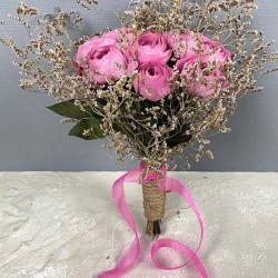 Pembe Şakayık Çiçekli Deniz Otlu Gelin Buketi Ve Damat Yaka Çiçeği-BUKET-82