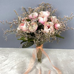 Somon Şakayık Çiçekli Deniz Otlu Gelin Buketi Ve Damat Yaka Çiçeği-BUKET-83