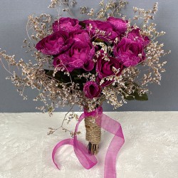 Koyu Fuşya Şakayık Çiçekli Deniz Otlu Gelin Buketi Ve Damat Yaka Çiçeği-BUKET-84